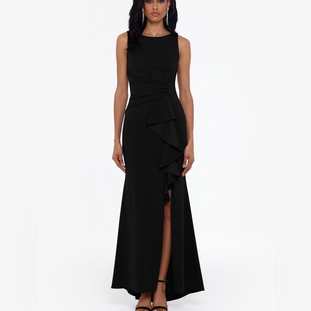 Betsy & Adam "CHRISTINE" SCUBA CREPE RUFFLED BOW GOWN